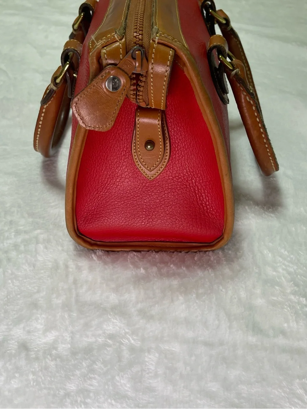 Dooney & Bourke Trio Red Leather Satchel, Wallet, Keychain Vintage Tan Trim FLAW